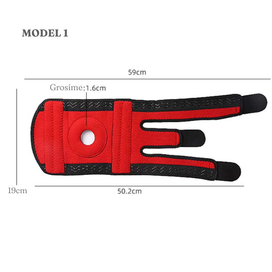 Orteza Genunchi cu 3 Prinderi, Benzi Ajustabile, Mărime Universală, Prindere Velcro, Burete EVA, Negru/Roșu
