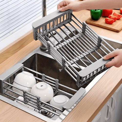 Dish Drainer, Stainless Steel, Vegetables and Fruits, Stable, Durable, Extendable between 27.5-46cm