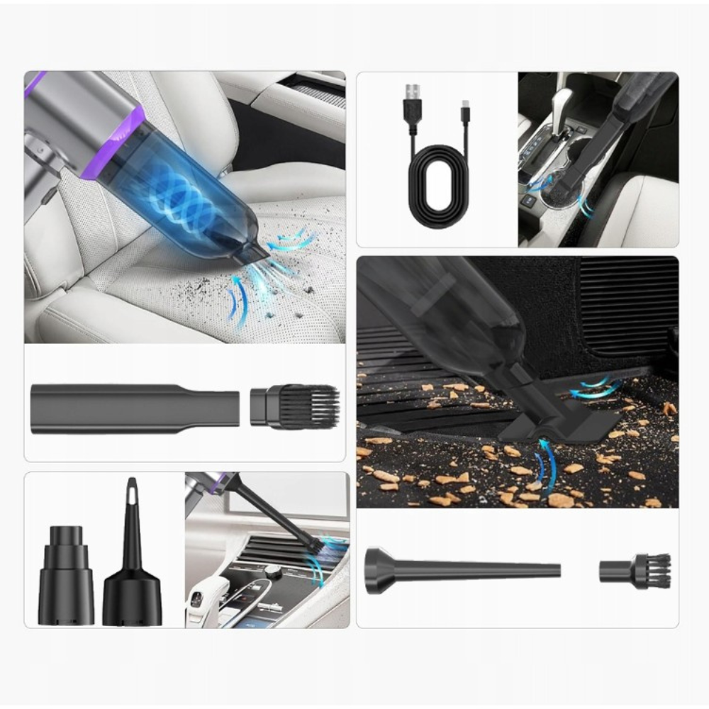 Aspirator Auto Portabil, 3 Viteze, 100W, Filtru Hepa, 2000mAh, 7 Capete Aspirare, 50dB