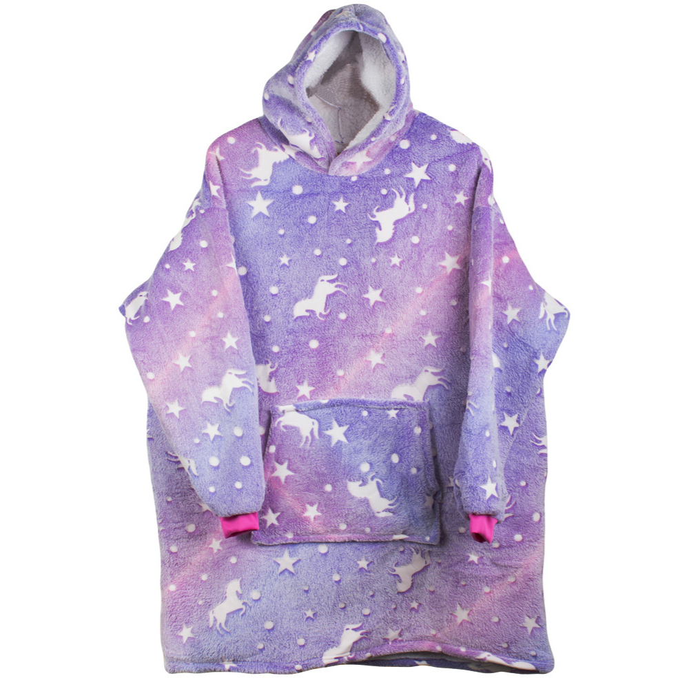 Patura cu Maneci Tip Hanorac, Gluga, Buzunar Marsupiu, din Fleece, Pufos, Confortabil, Mentine Caldura, Marime Universala, Imprimeu Fosforescent, Adulti si Copii