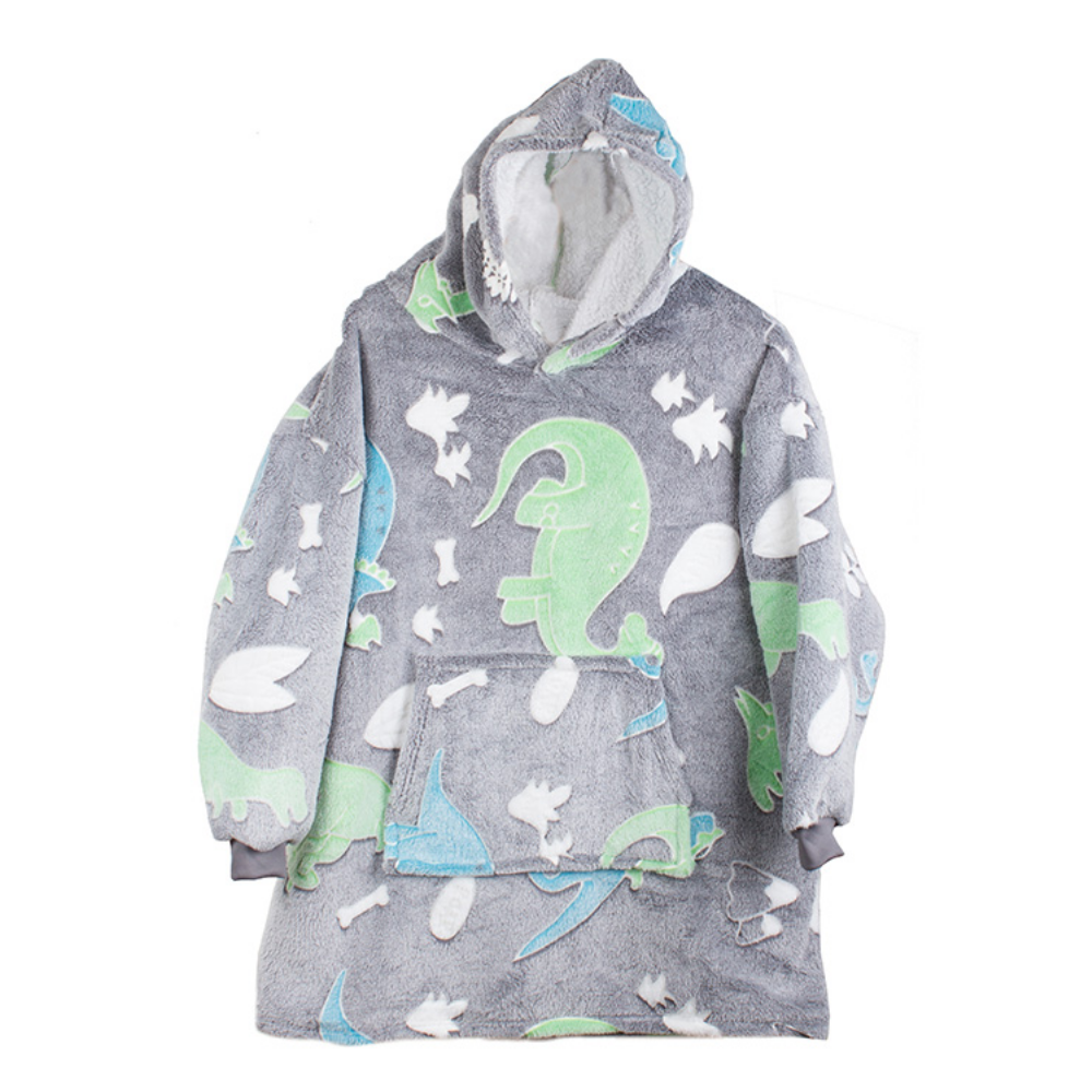 Patura cu Maneci Tip Hanorac, Gluga, Buzunar Marsupiu, din Fleece, Pufos, Confortabil, Mentine Caldura, Marime Universala, Imprimeu Fosforescent, Adulti si Copii