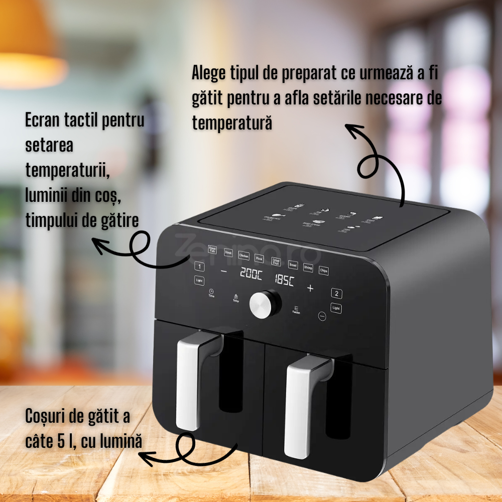 Double Hot Air Fryer, 2 Baskets, 10l Capacity, 2400W Power, Integrated Light, Touch Screen, Fast Cooking, Healthy Meals