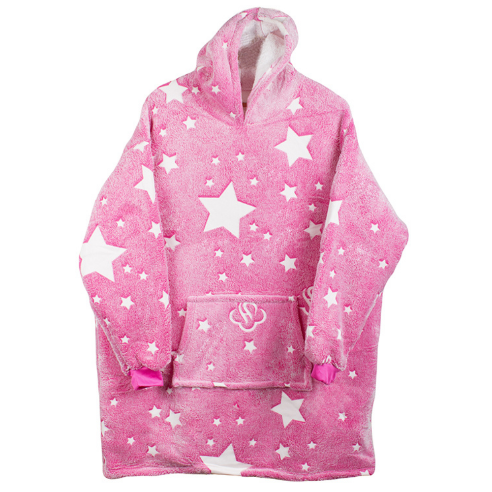 Patura cu Maneci Tip Hanorac, Gluga, Buzunar Marsupiu, din Fleece, Pufos, Confortabil, Mentine Caldura, Marime Universala, Imprimeu Fosforescent, Adulti si Copii