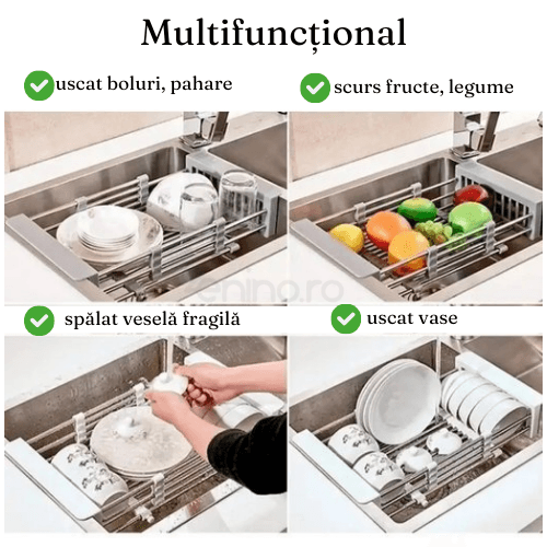 Dish Drainer, Stainless Steel, Vegetables and Fruits, Stable, Durable, Extendable between 27.5-46cm