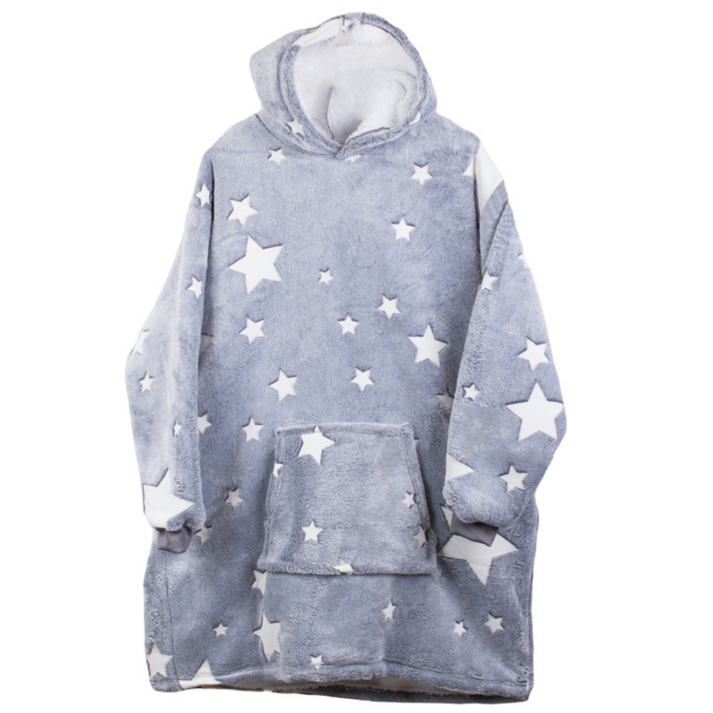 Patura cu Maneci Tip Hanorac, Gluga, Buzunar Marsupiu, din Fleece, Pufos, Confortabil, Mentine Caldura, Marime Universala, Imprimeu Fosforescent, Adulti si Copii