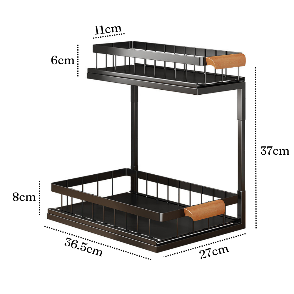Raft Organizator cu 2 Niveluri, Potrivit sub Chiuveta, din Metal, 37x27x36.5cm, Negru