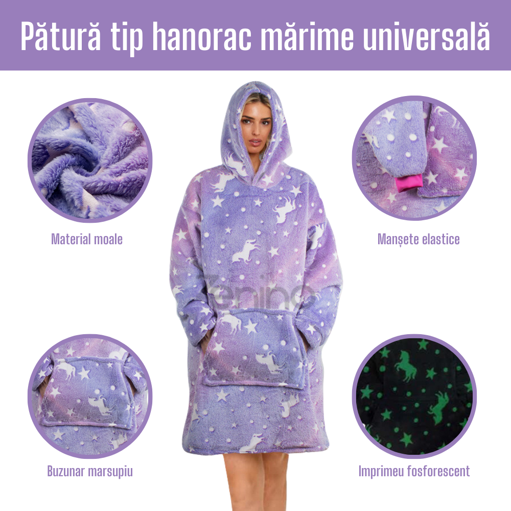 Patura cu Maneci Tip Hanorac, Gluga, Buzunar Marsupiu, din Fleece, Pufos, Confortabil, Mentine Caldura, Marime Universala, Imprimeu Fosforescent, Adulti si Copii