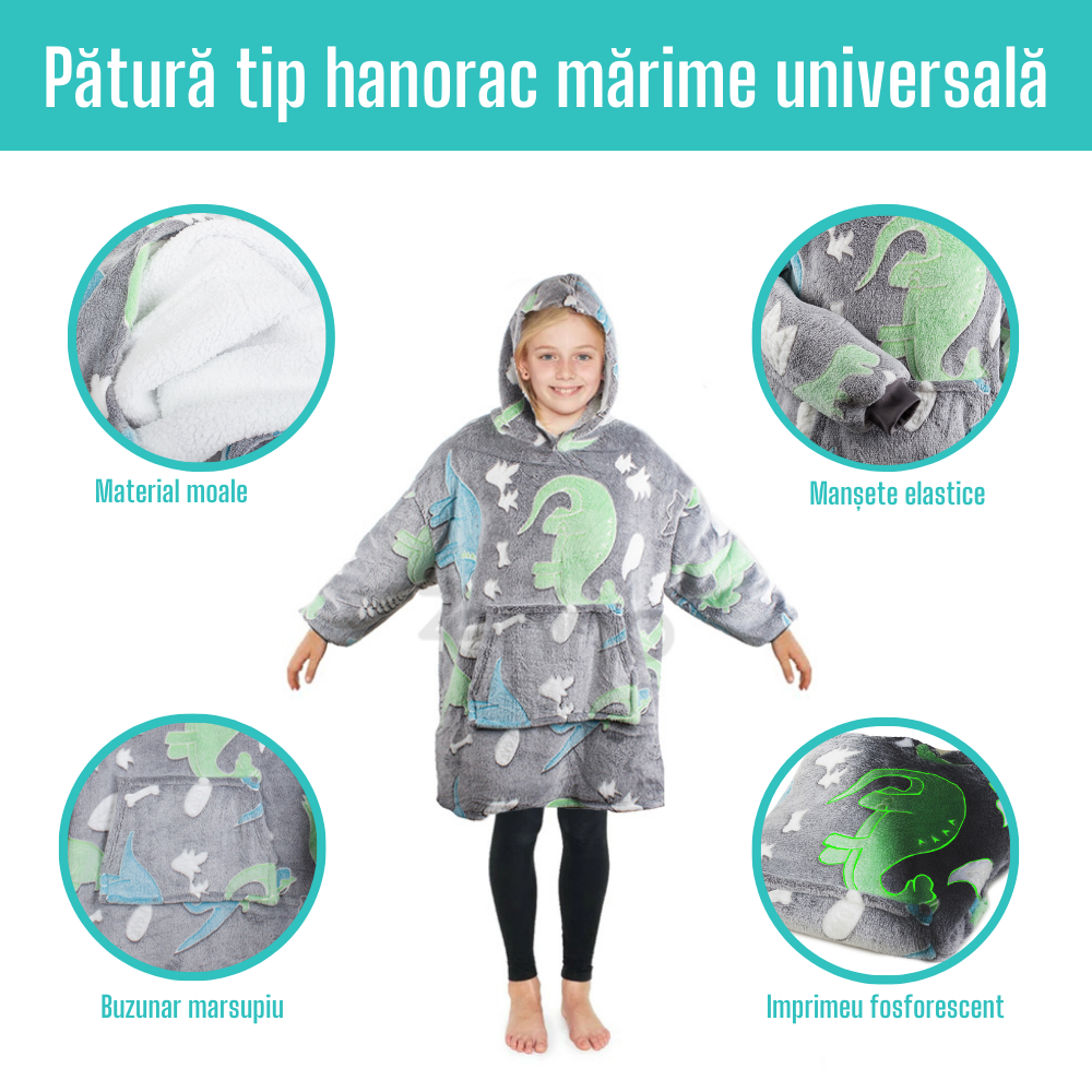 Patura cu Maneci Tip Hanorac, Gluga, Buzunar Marsupiu, din Fleece, Pufos, Confortabil, Mentine Caldura, Marime Universala, Imprimeu Fosforescent, Adulti si Copii