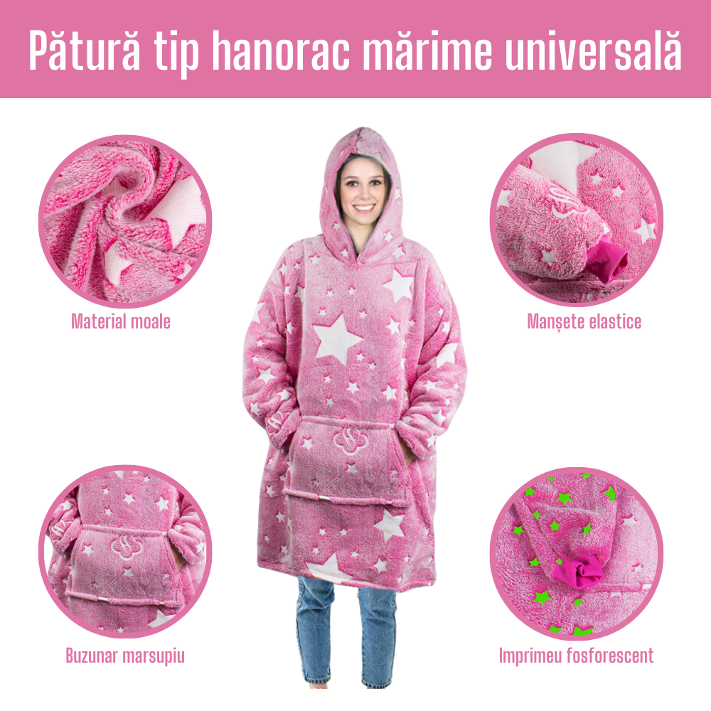 Patura cu Maneci Tip Hanorac, Gluga, Buzunar Marsupiu, din Fleece, Pufos, Confortabil, Mentine Caldura, Marime Universala, Imprimeu Fosforescent, Adulti si Copii