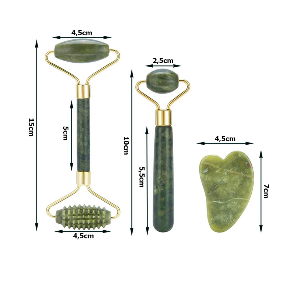 Set of 3 Massage Accessories, Jade Roller, Double Roller, Gua Sha Stone, For Elasticity, Toning, Brightness, Anti-Wrinkle, Face and Body, Green