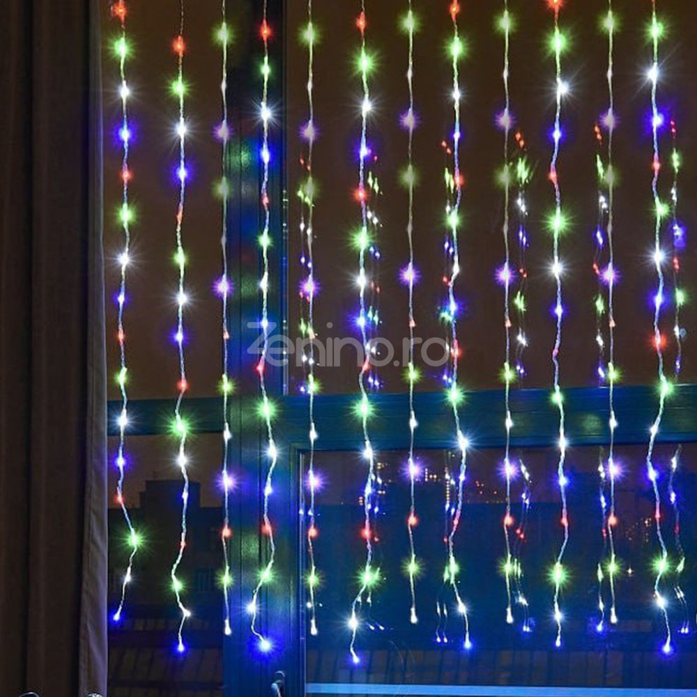 Instalatie de Craciun, Tip Perdea, Becuri LED, 8 Jocuri de Lumini, Fir Transparent, Prelungitor 1.5m, Alb Cald, Rece, Multicolor