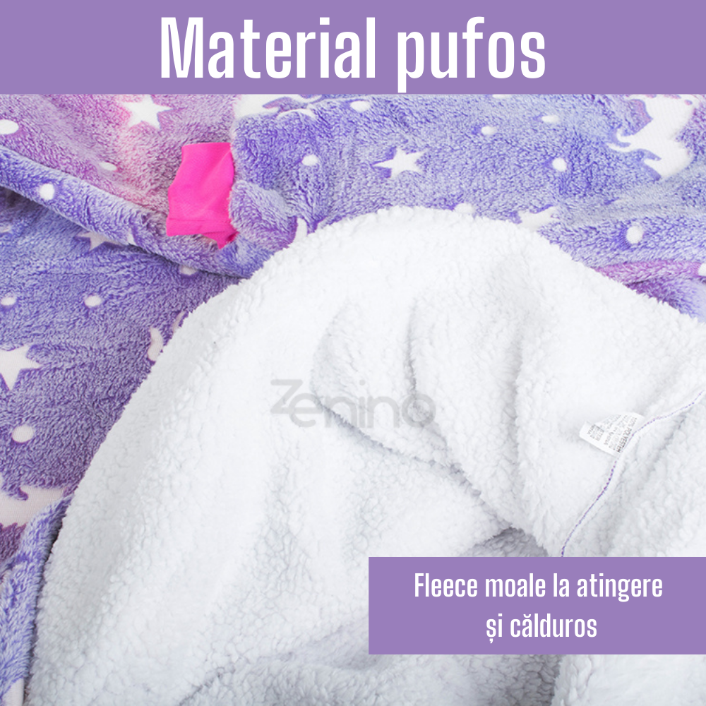 Patura cu Maneci Tip Hanorac, Gluga, Buzunar Marsupiu, din Fleece, Pufos, Confortabil, Mentine Caldura, Marime Universala, Imprimeu Fosforescent, Adulti si Copii