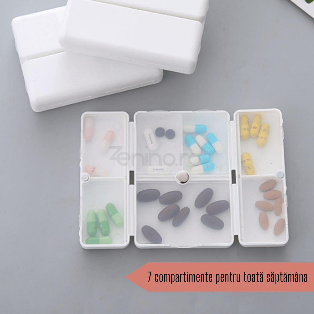 Medicine Box, 7 Individual Compartments, Compact, Portable, Magnetic Closure, Plastic, 7x10cm