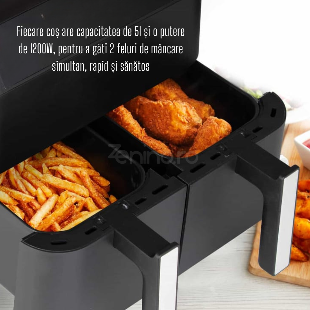 Double Hot Air Fryer, 2 Baskets, 10l Capacity, 2400W Power, Integrated Light, Touch Screen, Fast Cooking, Healthy Meals