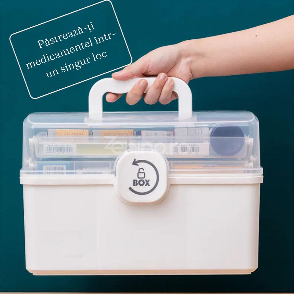 Organizator Medicamente, 3 Compartimente, Rafturi Pliabile, Portabil, Inchidere Securizata, Crem