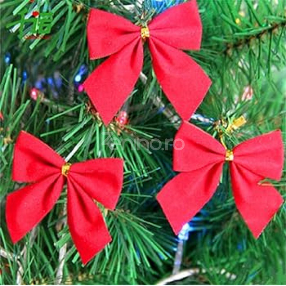 Christmas Ornaments Set, Bow Pattern, Tree Decorations, Velvet Style, 5x5cm, Red