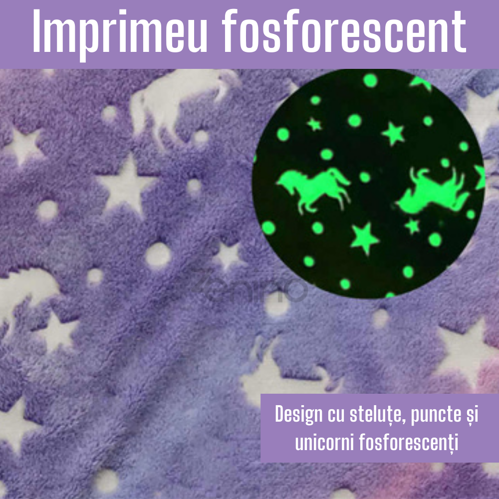 Patura cu Maneci Tip Hanorac, Gluga, Buzunar Marsupiu, din Fleece, Pufos, Confortabil, Mentine Caldura, Marime Universala, Imprimeu Fosforescent, Adulti si Copii
