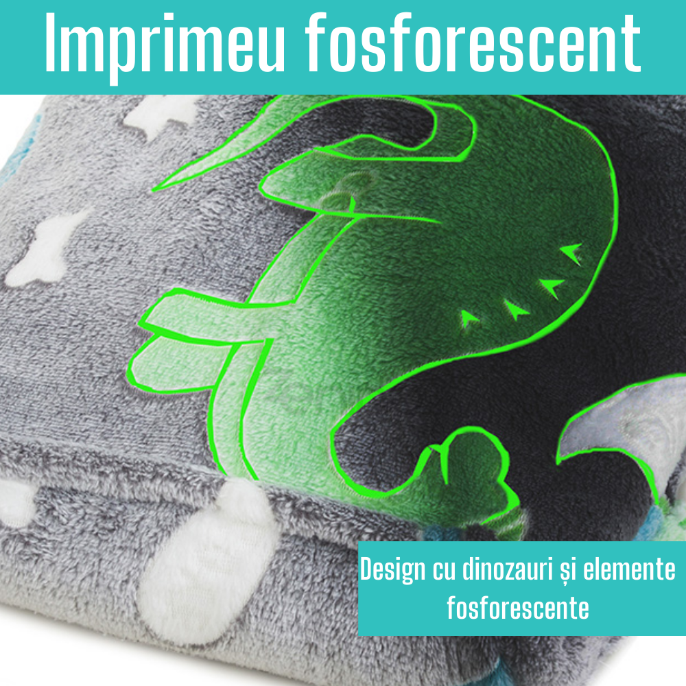 Patura cu Maneci Tip Hanorac, Gluga, Buzunar Marsupiu, din Fleece, Pufos, Confortabil, Mentine Caldura, Marime Universala, Imprimeu Fosforescent, Adulti si Copii