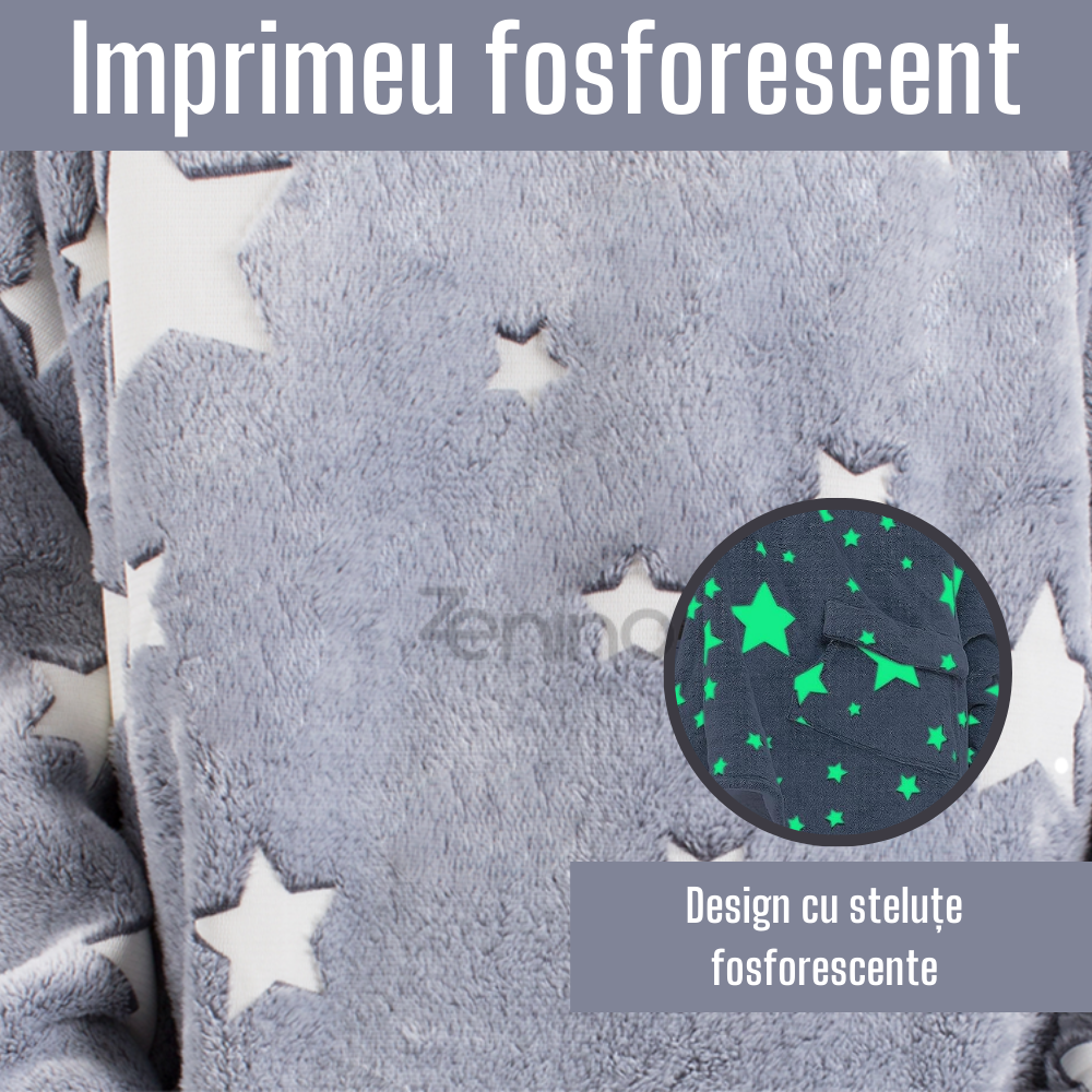 Patura cu Maneci Tip Hanorac, Gluga, Buzunar Marsupiu, din Fleece, Pufos, Confortabil, Mentine Caldura, Marime Universala, Imprimeu Fosforescent, Adulti si Copii