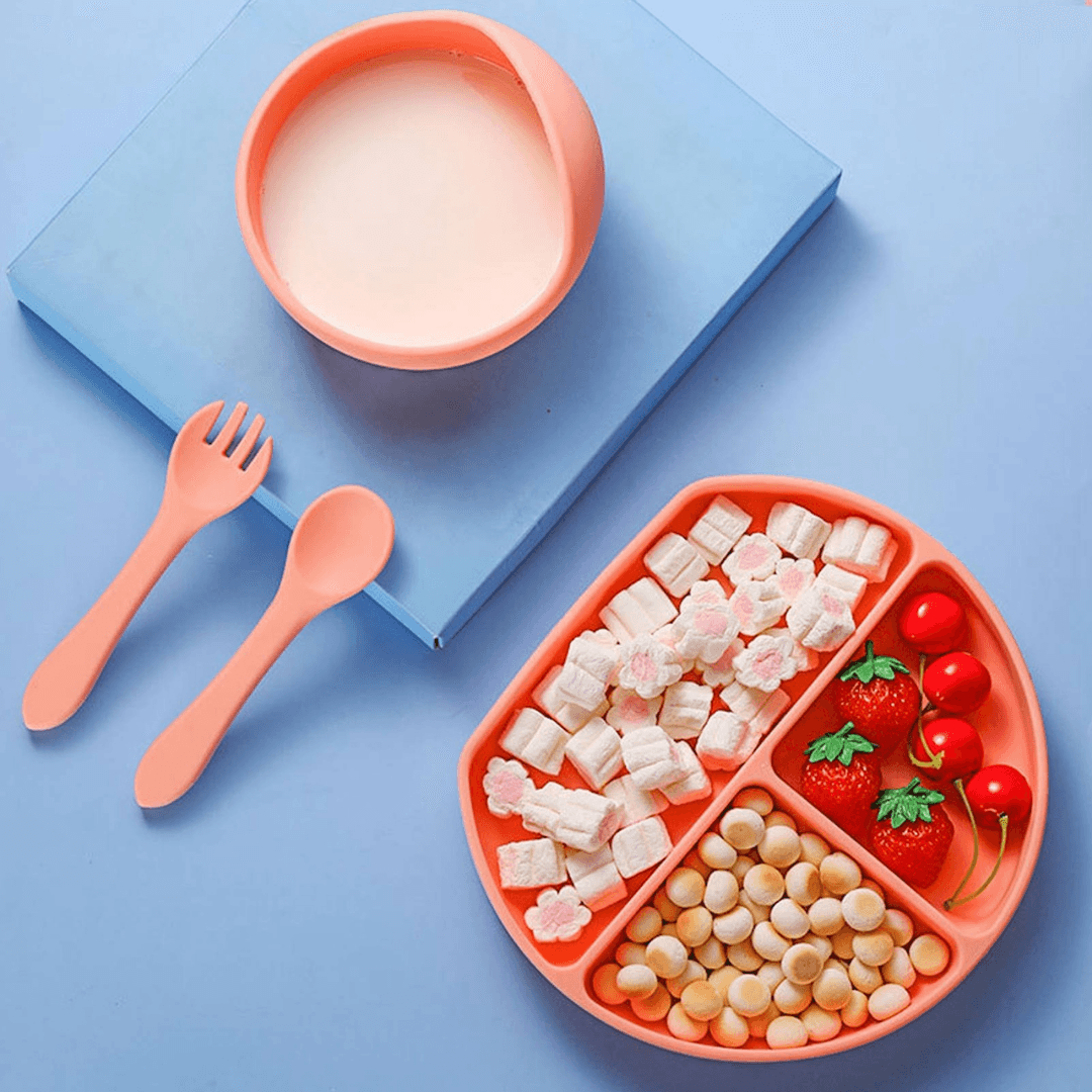 5-Piece Baby Feeding Set, Food Diversification, Bib, Cutlery, Plate, Bowl, Non-Toxic Silicone