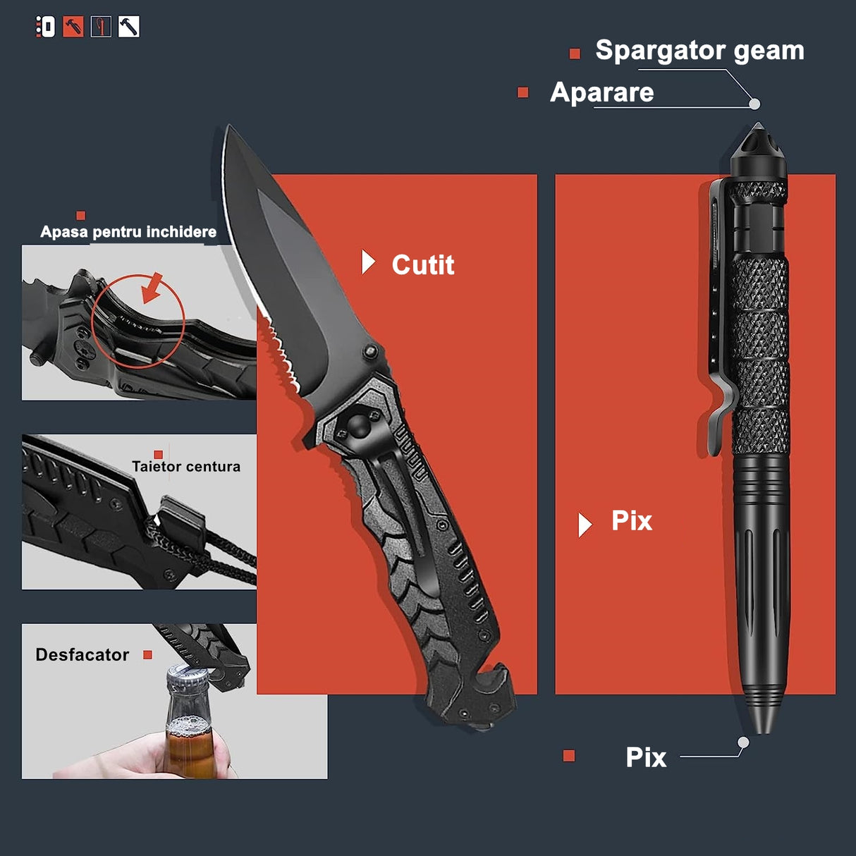 Kit Supravietuire 13 in 1, Instrumente Multifunctionale, Lanterna, Model Compact