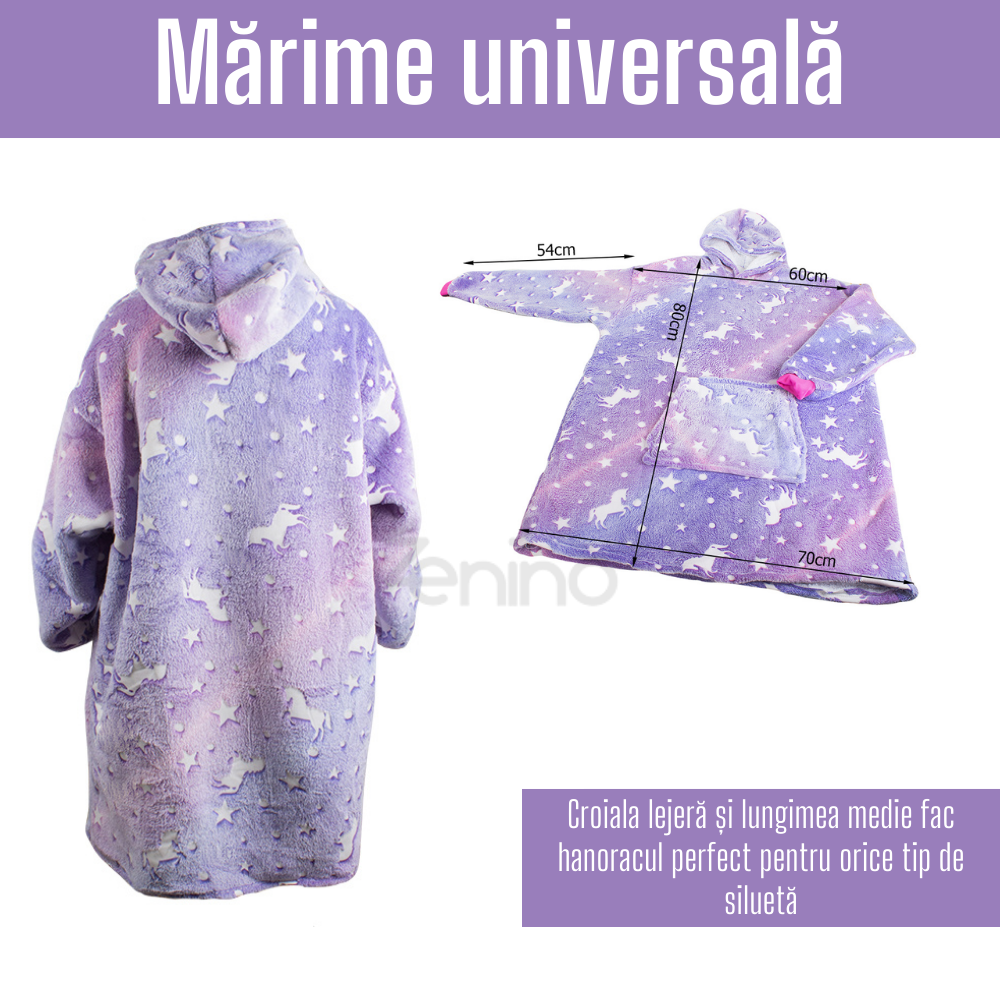 Patura cu Maneci Tip Hanorac, Gluga, Buzunar Marsupiu, din Fleece, Pufos, Confortabil, Mentine Caldura, Marime Universala, Imprimeu Fosforescent, Adulti si Copii