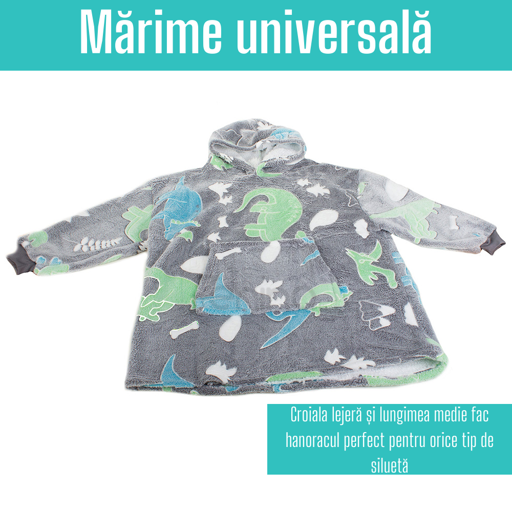 Patura cu Maneci Tip Hanorac, Gluga, Buzunar Marsupiu, din Fleece, Pufos, Confortabil, Mentine Caldura, Marime Universala, Imprimeu Fosforescent, Adulti si Copii