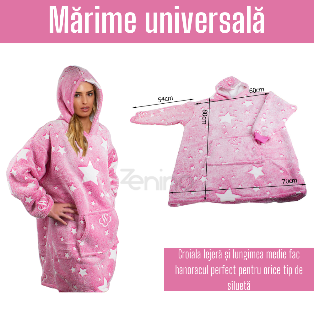 Patura cu Maneci Tip Hanorac, Gluga, Buzunar Marsupiu, din Fleece, Pufos, Confortabil, Mentine Caldura, Marime Universala, Imprimeu Fosforescent, Adulti si Copii