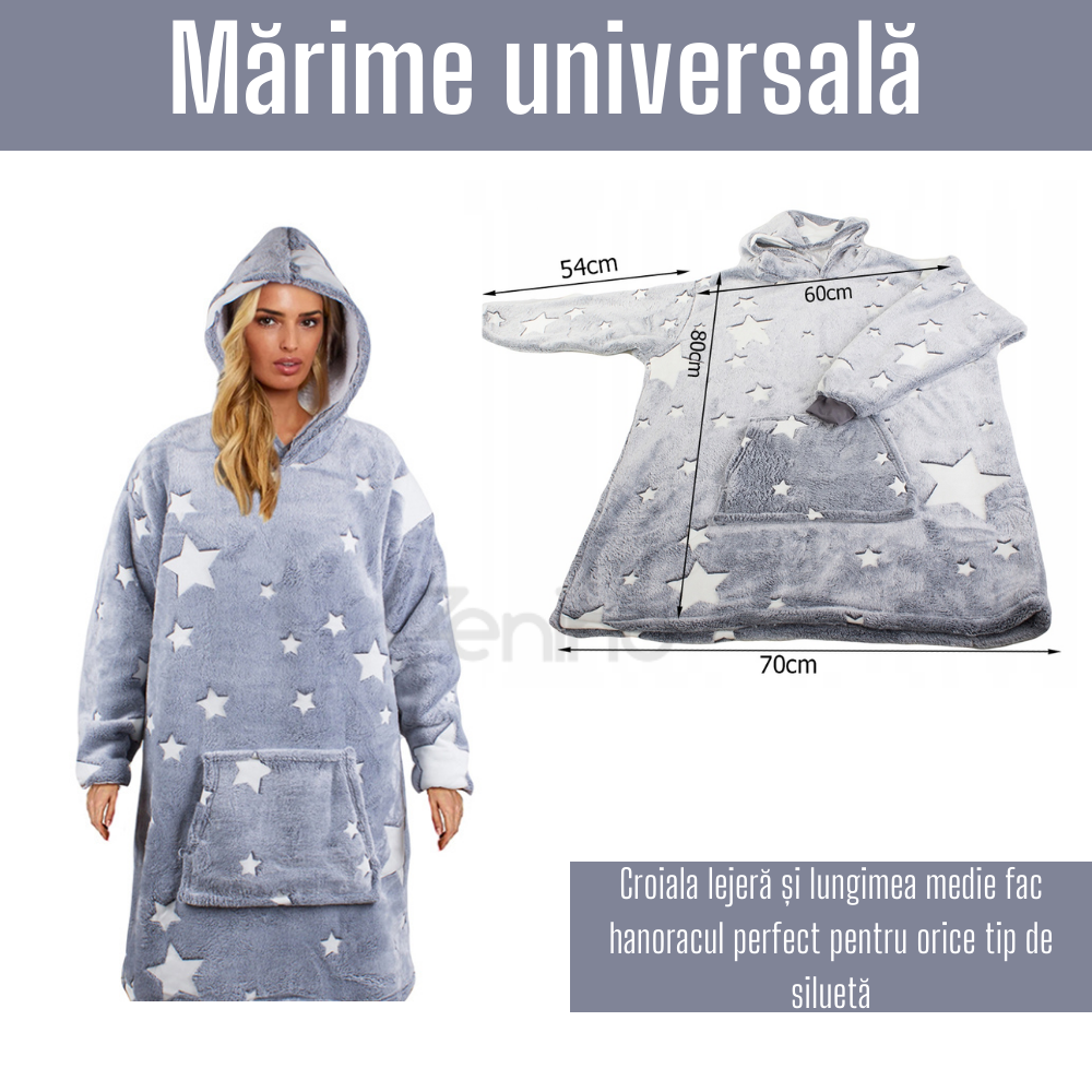 Patura cu Maneci Tip Hanorac, Gluga, Buzunar Marsupiu, din Fleece, Pufos, Confortabil, Mentine Caldura, Marime Universala, Imprimeu Fosforescent, Adulti si Copii