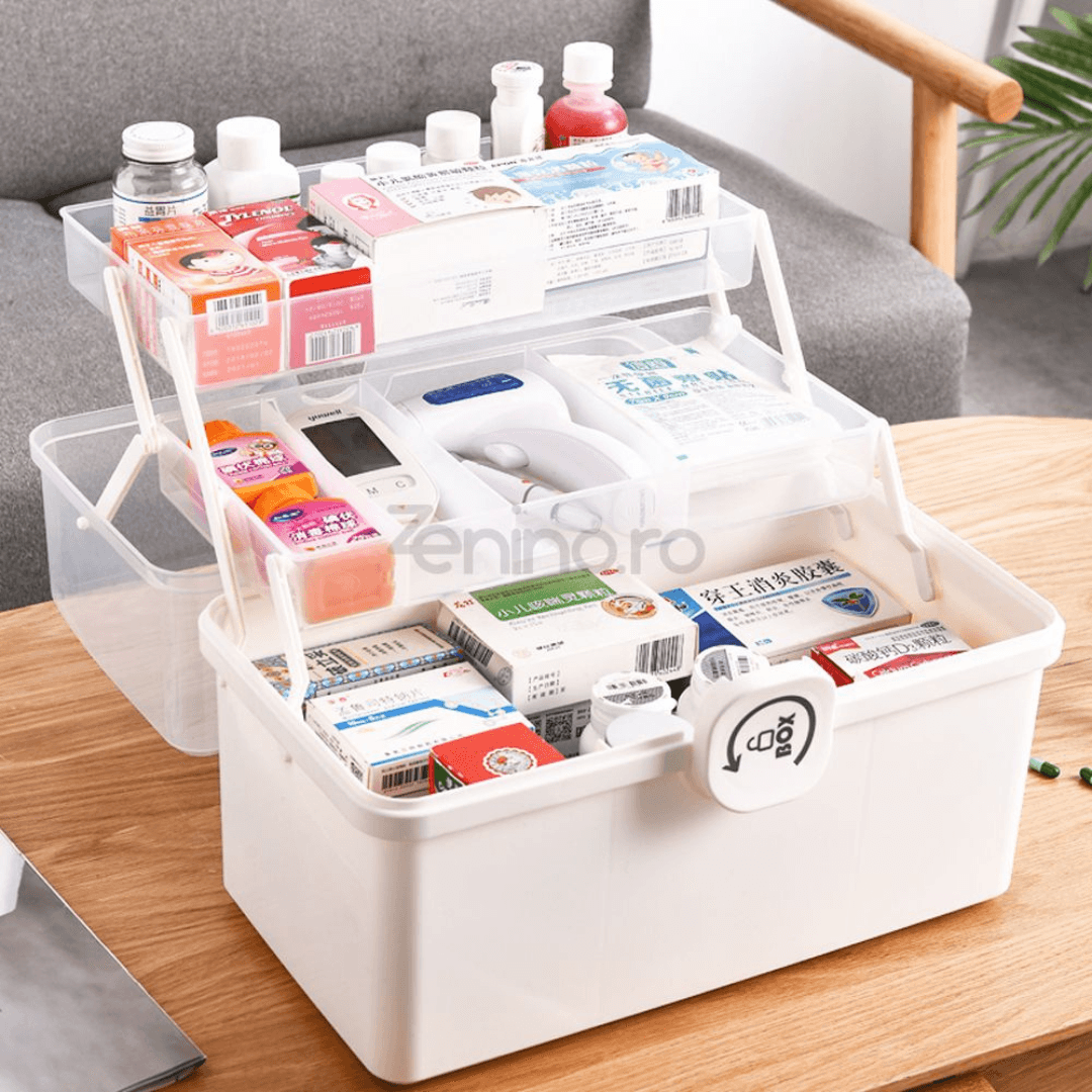 Organizator Medicamente, 3 Compartimente, Rafturi Pliabile, Portabil, Inchidere Securizata, Crem