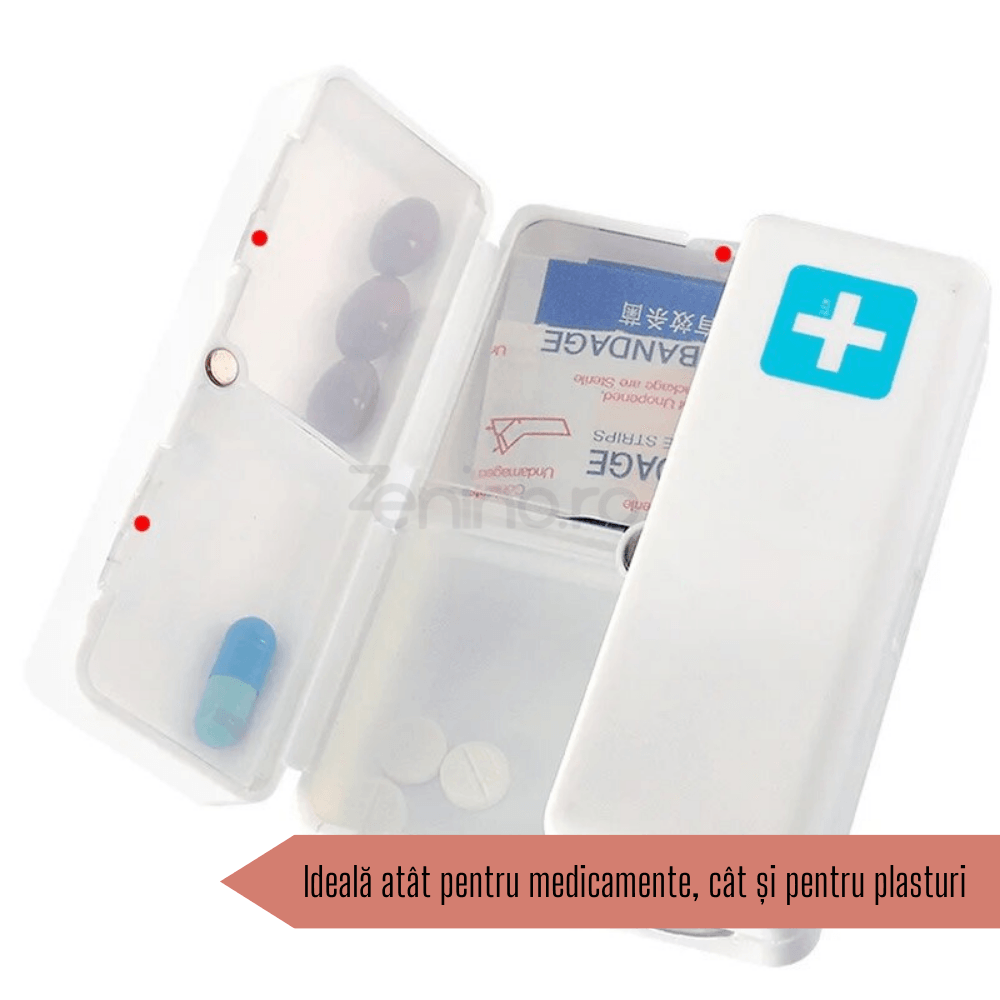 Medicine Box, 7 Individual Compartments, Compact, Portable, Magnetic Closure, Plastic, 7x10cm
