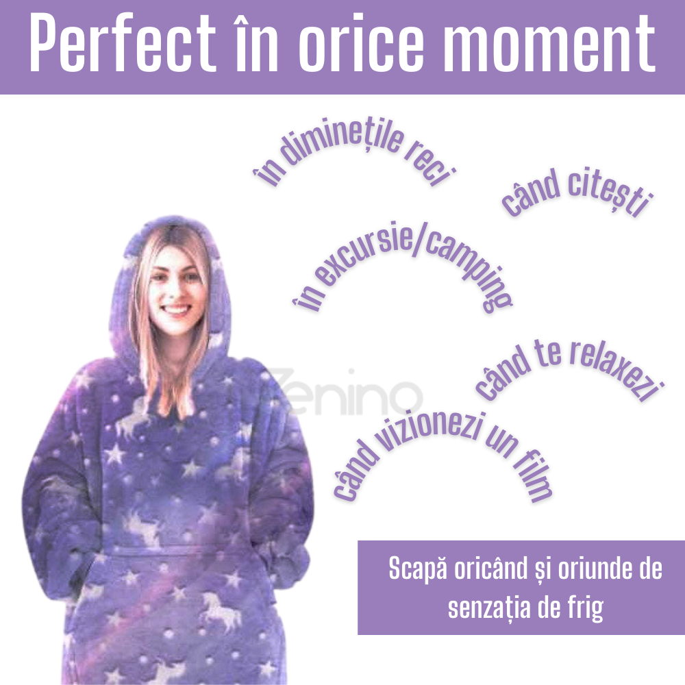 Patura cu Maneci Tip Hanorac, Gluga, Buzunar Marsupiu, din Fleece, Pufos, Confortabil, Mentine Caldura, Marime Universala, Imprimeu Fosforescent, Adulti si Copii