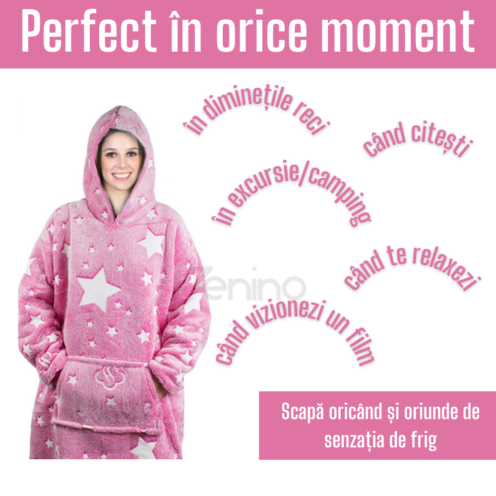 Patura cu Maneci Tip Hanorac, Gluga, Buzunar Marsupiu, din Fleece, Pufos, Confortabil, Mentine Caldura, Marime Universala, Imprimeu Fosforescent, Adulti si Copii