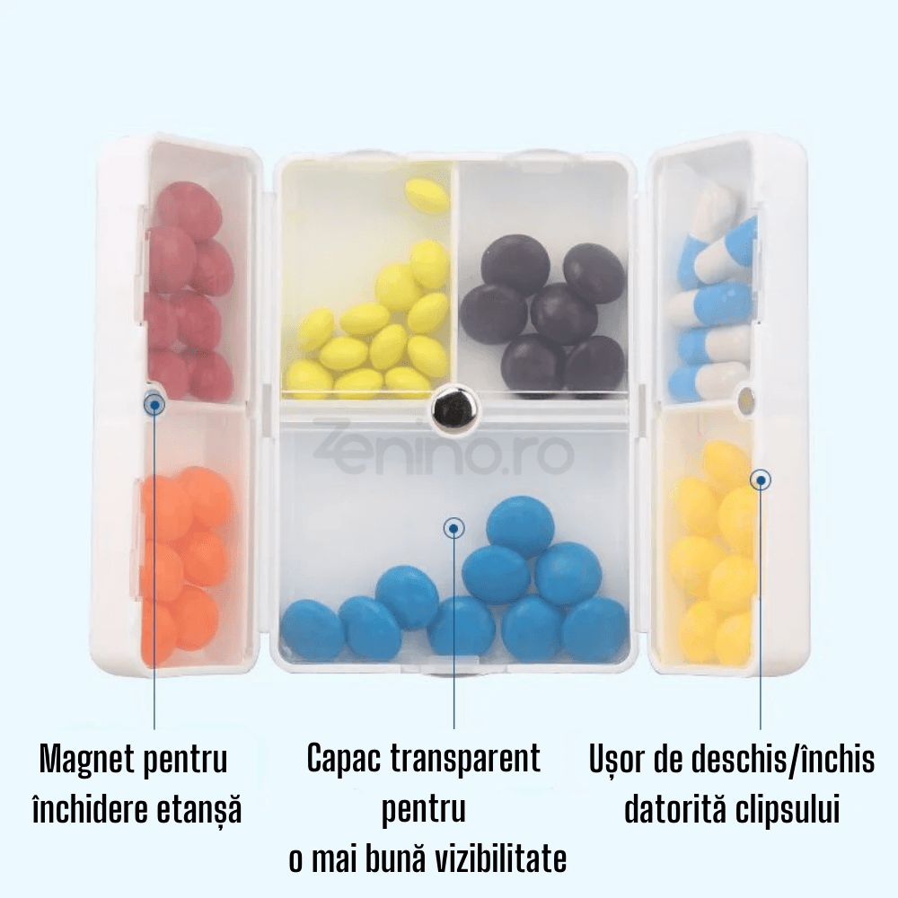 Medicine Box, 7 Individual Compartments, Compact, Portable, Magnetic Closure, Plastic, 7x10cm