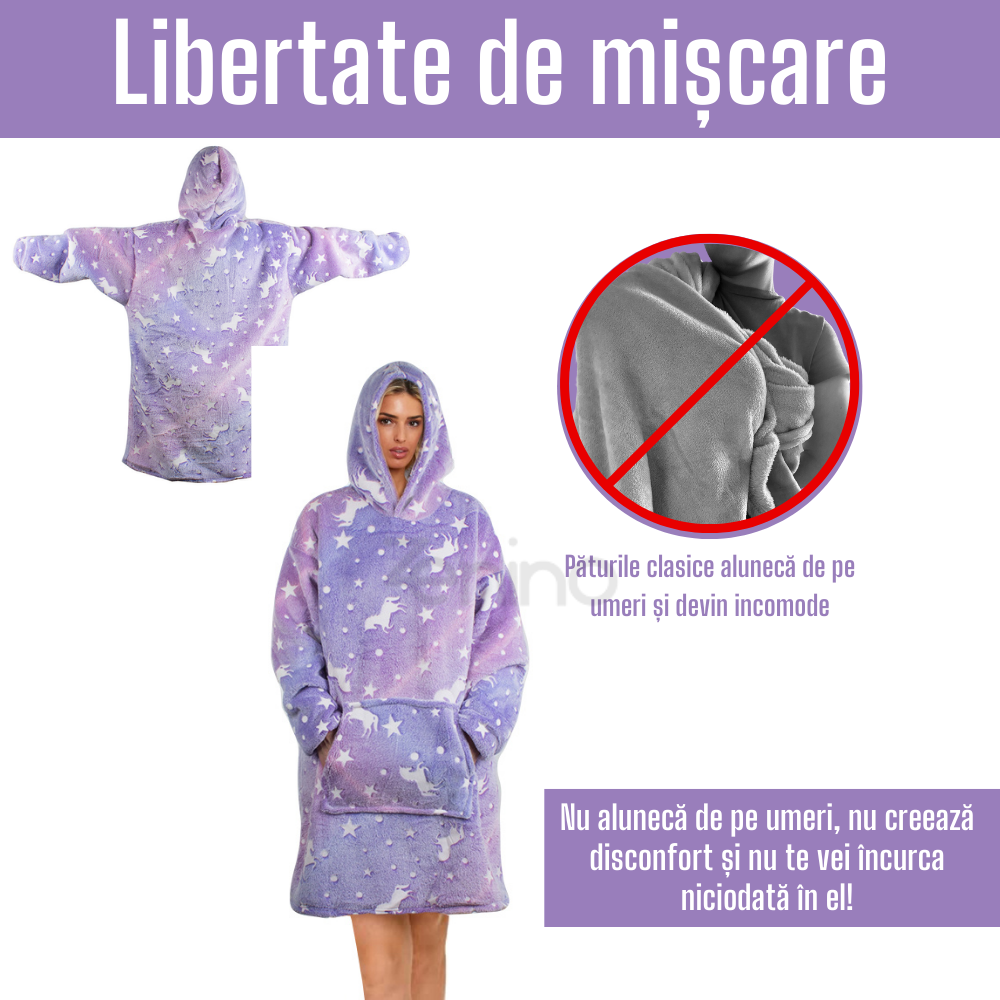 Patura cu Maneci Tip Hanorac, Gluga, Buzunar Marsupiu, din Fleece, Pufos, Confortabil, Mentine Caldura, Marime Universala, Imprimeu Fosforescent, Adulti si Copii