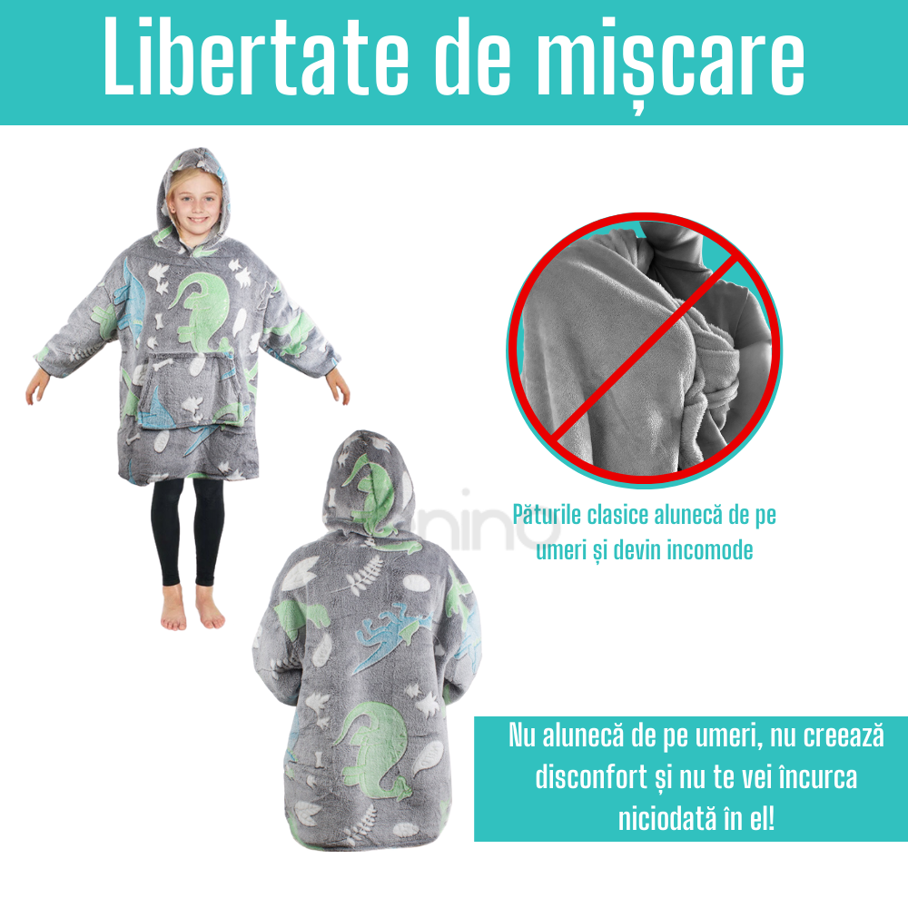 Patura cu Maneci Tip Hanorac, Gluga, Buzunar Marsupiu, din Fleece, Pufos, Confortabil, Mentine Caldura, Marime Universala, Imprimeu Fosforescent, Adulti si Copii