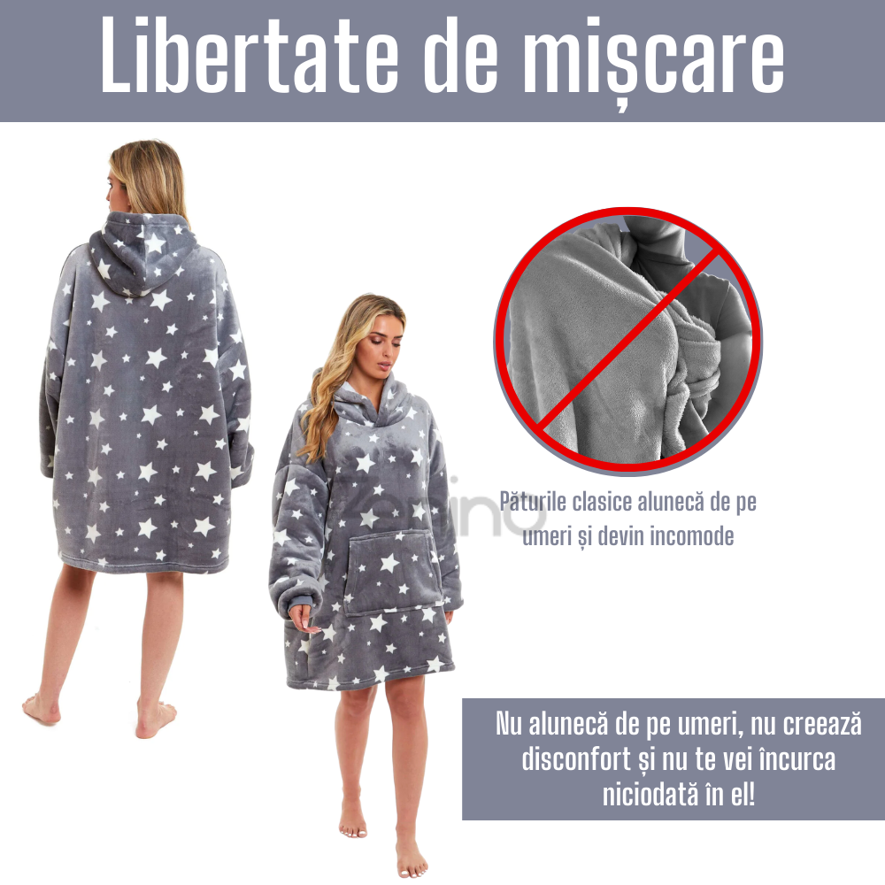 Patura cu Maneci Tip Hanorac, Gluga, Buzunar Marsupiu, din Fleece, Pufos, Confortabil, Mentine Caldura, Marime Universala, Imprimeu Fosforescent, Adulti si Copii