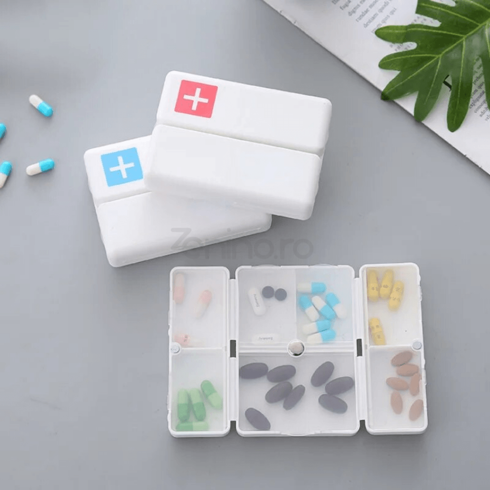 Medicine Box, 7 Individual Compartments, Compact, Portable, Magnetic Closure, Plastic, 7x10cm