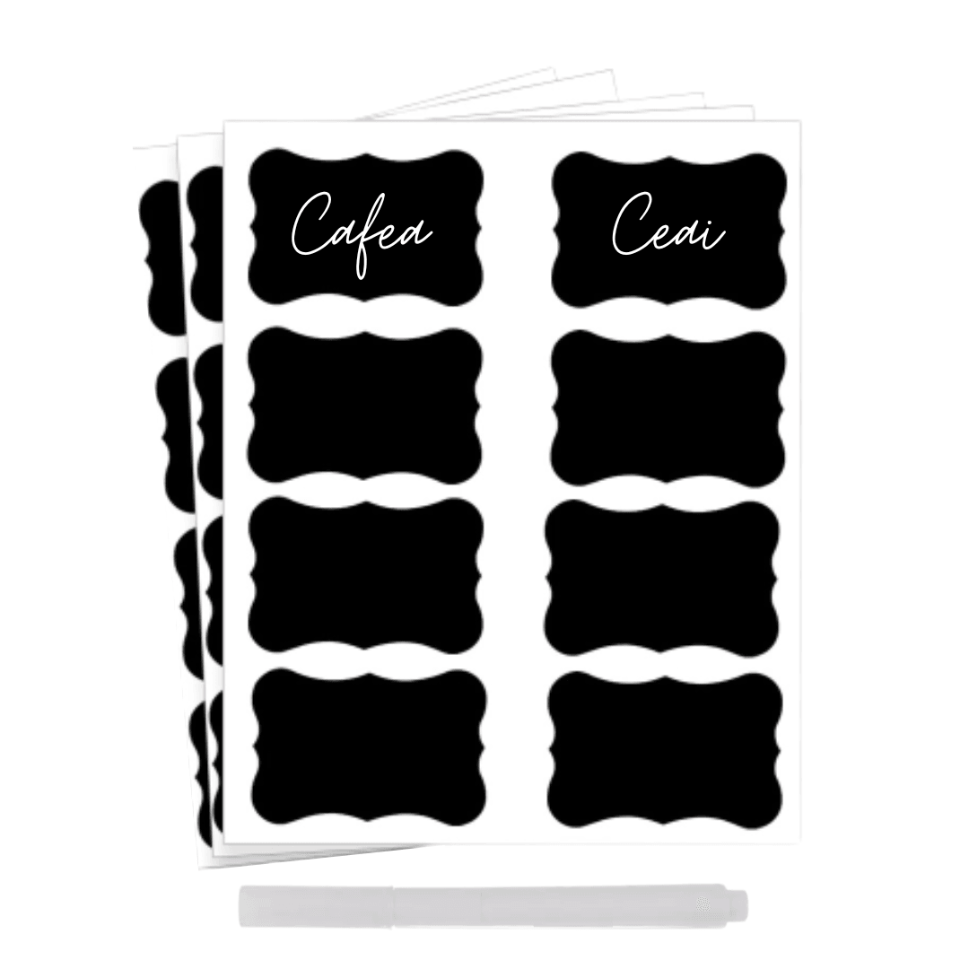 Set 24 Etichete Autoadezive, Dezlipire Usoara, pentru Borcane, Vase, Sticle, Carioca Alba inclusa, PVC, 5cm x 3.5cm, Negru