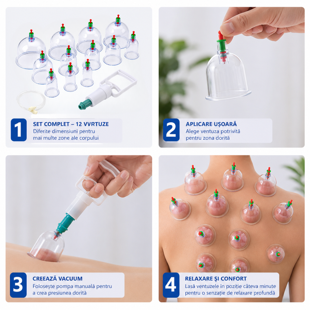 Set of 12 Massage Cupping Cups, Vacuum Pump, Anti-Cellulite, Therapy, Relaxation, White