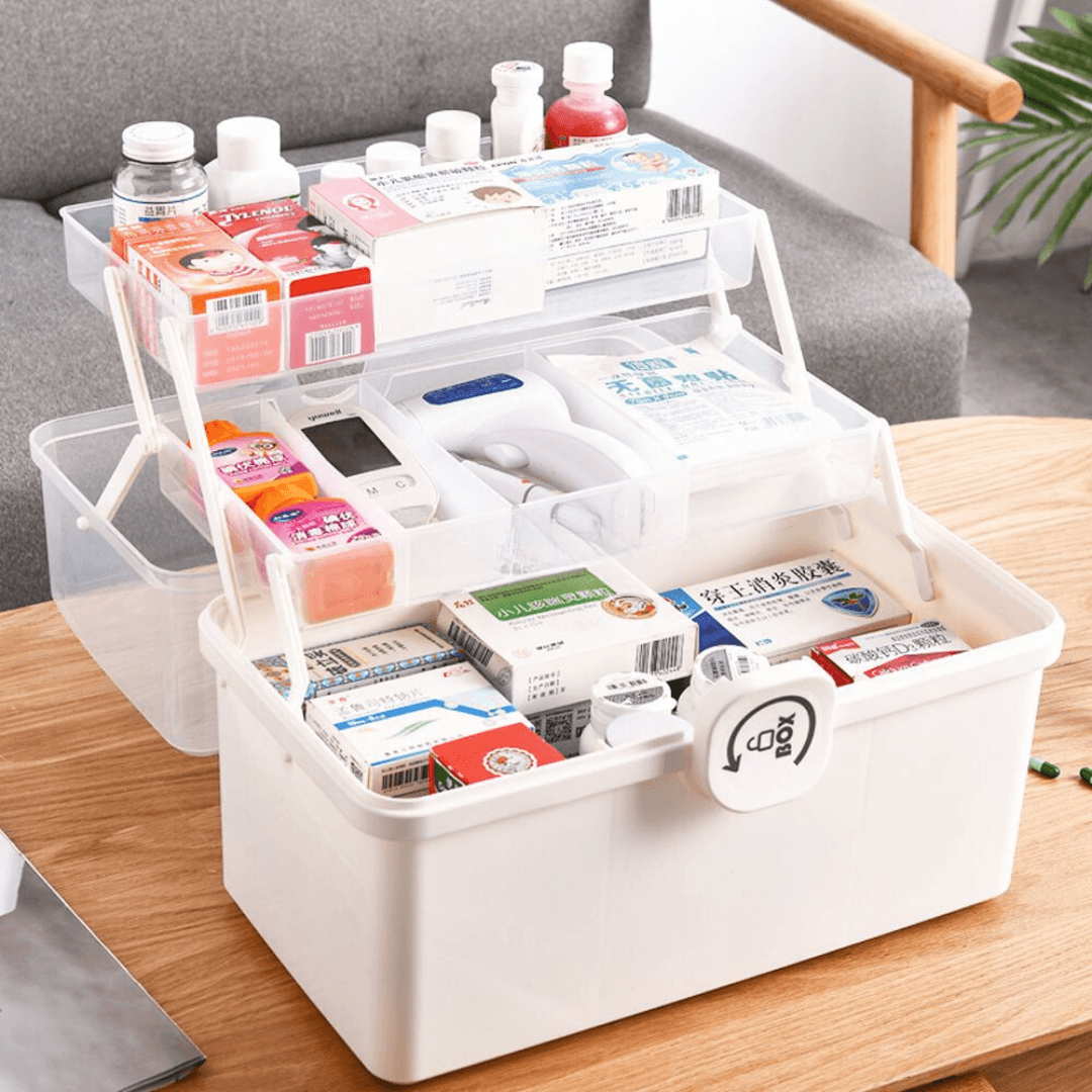 Organizator Medicamente, 3 Compartimente, Rafturi Pliabile, Portabil, Inchidere Securizata, Crem