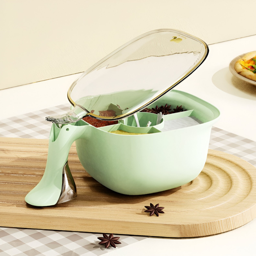 Spice Storage Box, 4 Compartments, with Spoons, Airtight Closure