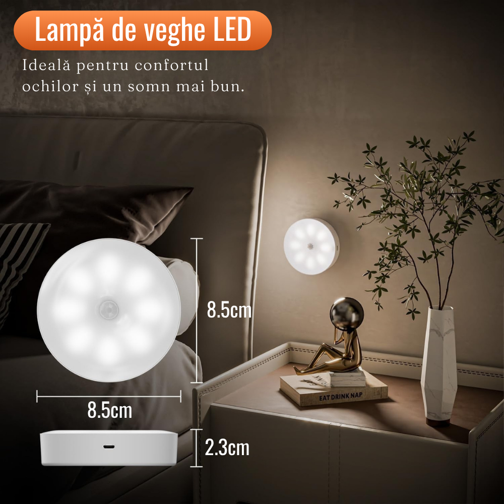Lampa de Veghe, Senzor de Miscare, Incarcare USB, 8.5x2.3cm