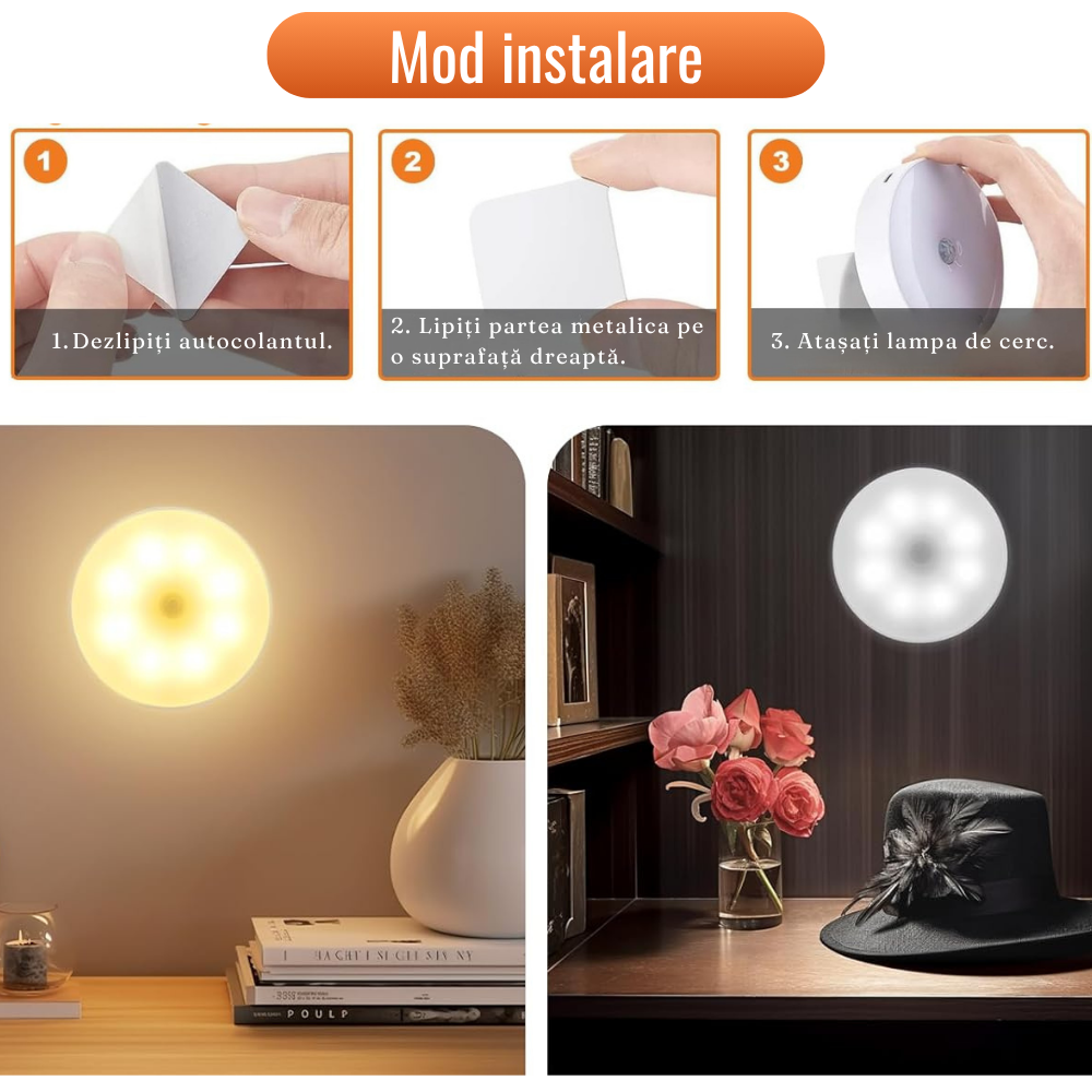 Lampa de Veghe, Senzor de Miscare, Incarcare USB, 8.5x2.3cm