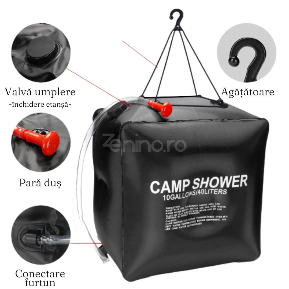 Dus Portabil cu Incalzire Solara, 20L, 40L, pentru Camping, Maner Agatare