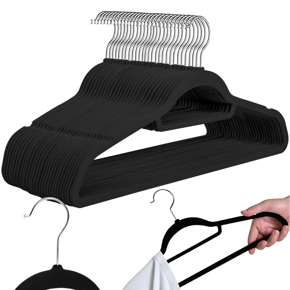 Velvet Hanger Set, Non-Slip, Steel Hook, Maximum Resistance 5 kg, Rounded Edges, Gray