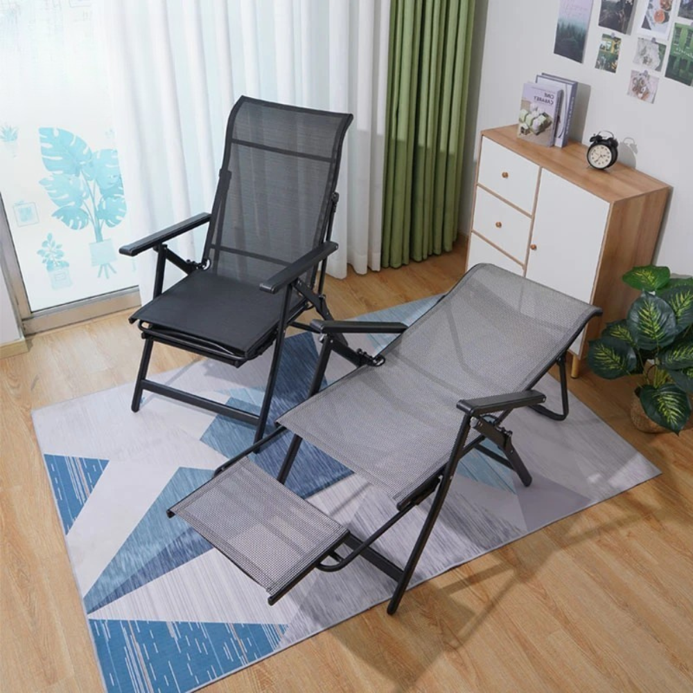 2in1 Garden Chair, Chaise Lounge Type, Footrest, Foldable, Metal Frame, Teslin Fabric, Black