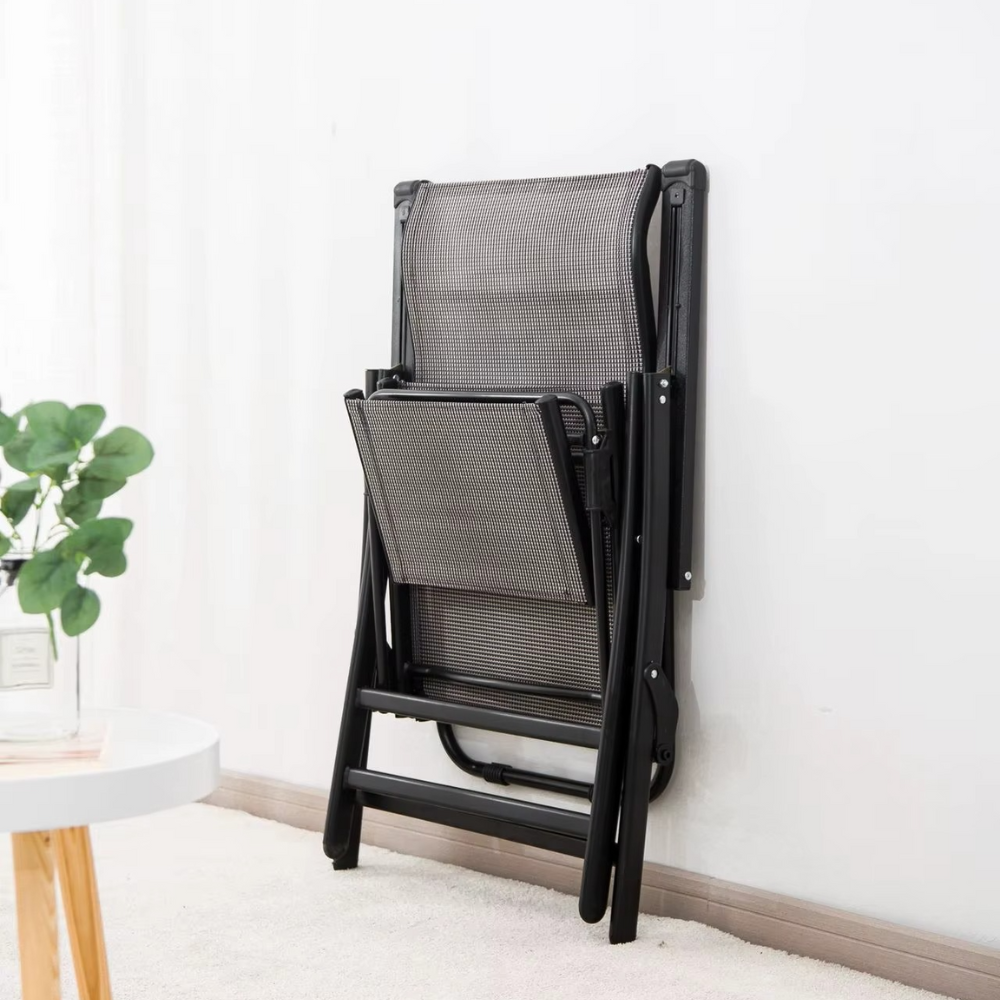 2in1 Garden Chair, Chaise Lounge Type, Footrest, Foldable, Metal Frame, Teslin Fabric, Black