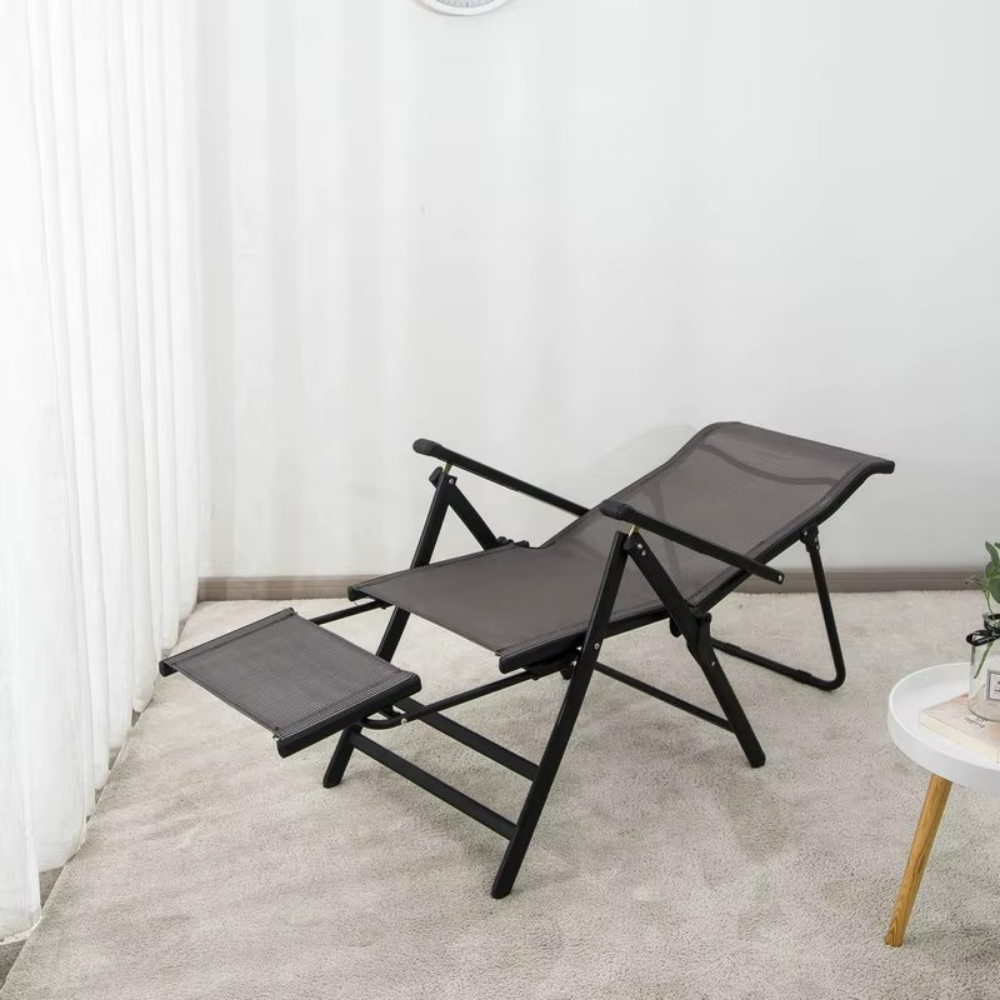 2in1 Garden Chair, Chaise Lounge Type, Footrest, Foldable, Metal Frame, Teslin Fabric, Black