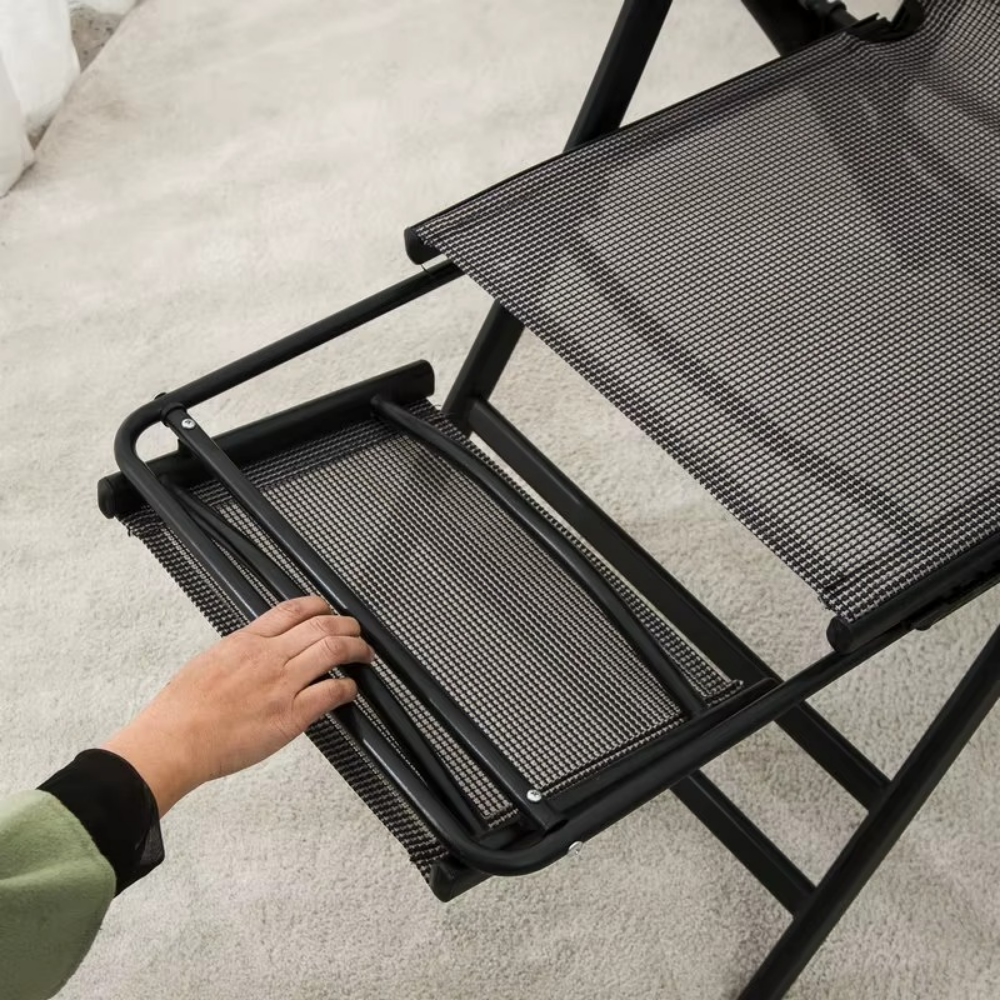 Scaun de Gradina 2in1, Tip Sezlong, Suport Picioare, Pliabil, Cadru Metal, Tesatura Teslin, Negru